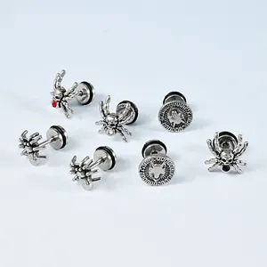 Vintage Ohrstecker aus Edelstahl Set mit detaillierten Spinne Totenkopf und Wolf Motiven