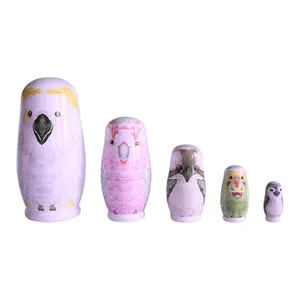 5-piece set of pastel colored cartoon bird wooden Matryoshka nesting dolls for home decor