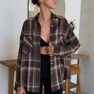 Women's casual brown plaid oversized shirt featuring dual pockets in urban street style
