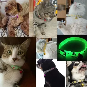 Fluorescent silicone pet collar with bell shown on various cats and dogs in glow-in-dark view.