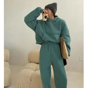 Conjunto Deportivo Forrado de Lana para Mujer Estilo Americano Sudadera con Capucha y Pantalones Casual Dos Piezas Top y Pantalón