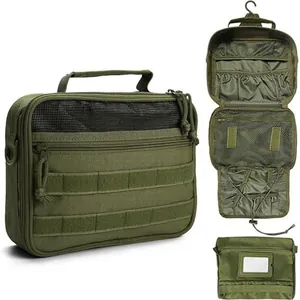 Detailed view of tactical olive green hanging toiletry bag showing storage compartments.