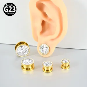 Premium G23 titanium gold-plated ear gauges with full cubic zirconia pave setting