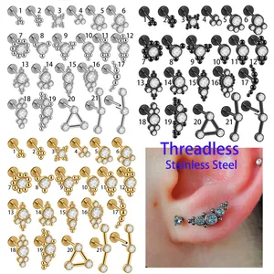 Stainless Steel Threadless Push In Labret Stud Rhinestone Geometric Triangle Curved Cartilage Piercing Earring Jewelry