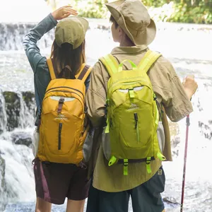 Gros plan de sacs à dos de randonnée jaune et vert citron portés par un couple près d'une cascade.