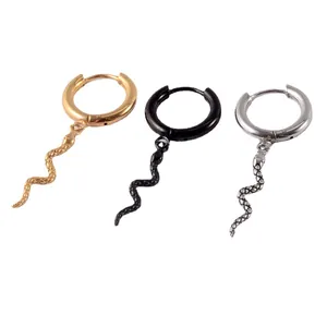 Set of three stylish stainless steel snake hoop earrings in gold, black, and silver