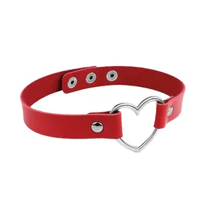 Trendy red leather choker necklace featuring a silver heart ring and adjustable metal snaps