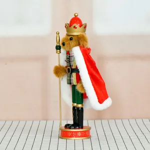 30cm wooden nutcracker puppet with plush bear head wearing red royal cloak and crown
