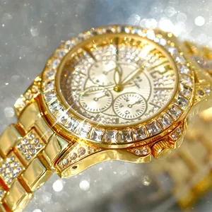 Luxury gold-tone women's watch fully encrusted with sparkling crystals and square diamonds