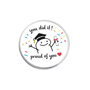 Cute Flork graduation character metal badge with 'You did it' and 'Proud of you' text