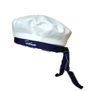 Japanese style white beret hat with navy blue ribbon and forever embroidery detail