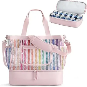 Large double-layer mesh beach bag featuring a bottom insulated cooler compartment for drinks