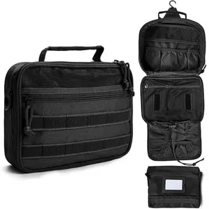 Tactical black hanging toiletry bag featuring multiple compartments and a hanging hook.