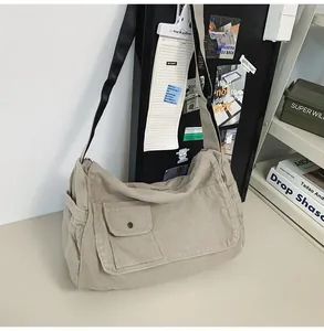 Side detail of khaki canvas messenger bag with large front pocket and black strap.
