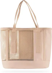 Beige mesh tote bag with large capacity and reinforced shoulder straps for daily use