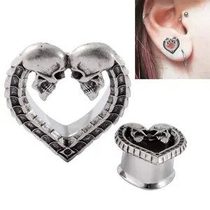 Gothic Edelstahl Herz Totenkopf Ear Gauges Tunnel Altsilber Skelett Muster Hohl Ohr Piercing Schmuck