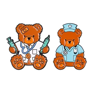 Cartoon teddy bear enamel pins with doctor and nurse medical theme designs.