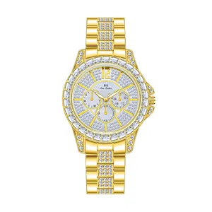 Luxury gold women's watch with sparkling square rhinestone setting and three sub-dials