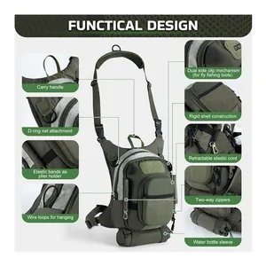 Multi-functional fly fishing chest bag with adjustable strap and gear storage details