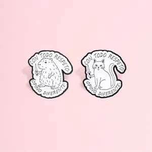 Funny Animal Quotes Metal Pin Brooch Capybara Cat Holding Knife Black White Enamel Badge Jewelry Accessory For Unisex