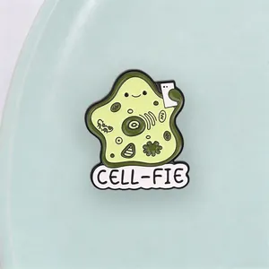 Funny cartoon biological cell taking a selfie metal enamel pin with CELL-FIE text