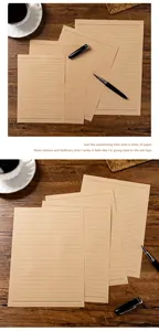 Close-up detail of retro kraft letter paper with horizontal lines on wooden desk