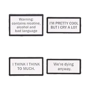 Set of 4 minimalist rectangular enamel pins with funny English quotes for backpack decorations.
