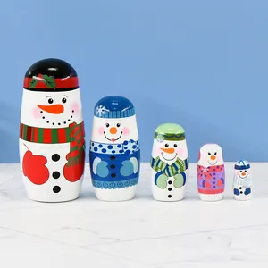 Handcrafted 5-layer Christmas snowman Russian nesting dolls for home holiday decor
