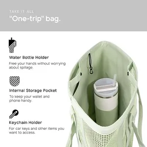 Large green mesh tote bag showing internal cup holder and storage pocket detail