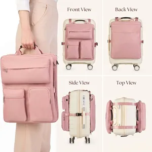 Detaillierte Mehrfachansichten einer rosa Reise-Organizer-Laptoptasche an einem Koffer