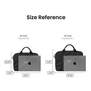 Comprehensive size reference chart for 14-inch and 16-inch puffy laptop sleeve bags