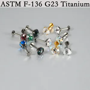 G23 titanium labret piercing stud set with sparkling multi-color cubic zirconia stones