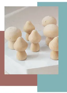 Detail of assorted unfinished wooden mushrooms for DIY painting and kids' crafts