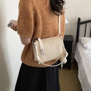 Elegant beige canvas pillow shoulder bag with metallic lock shown on model's side