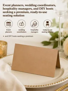Elegant brown kraft paper wedding place card displayed on a premium gold-rimmed dinner plate.