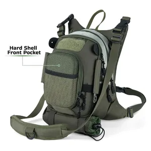 Lightweight multifunctional fly fishing chest pack with hard shell front pocket.