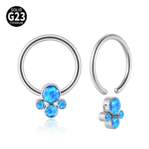 G23 titanium BCR nose ring with blue opal cluster for septum and cartilage