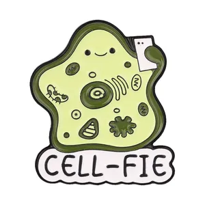 Funny cartoon cell-fie enamel pin for biology lovers with cute smiling cell design decoration.