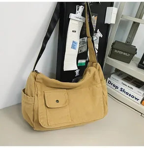 Large capacity yellow canvas messenger bag with functional pockets for sporty casual style