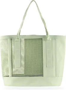 Front view of a light green large capacity mesh tote bag with reinforced straps