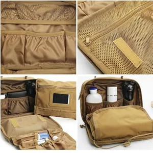 Detailed view of the khaki tactical hanging toiletry bag with multiple internal mesh pockets
