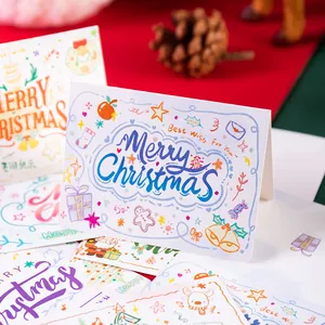 Hand-drawn Merry Christmas greeting cards featuring festive illustrations and gift tags
