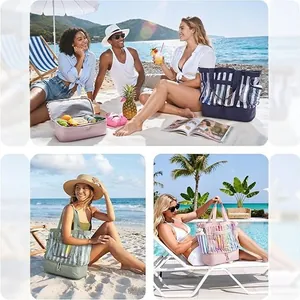 Large insulated double-layer beach picnic bag with waterproof cooler compartment for outdoors
