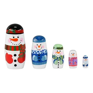 Traditional 5-layer wooden nesting dolls featuring hand-painted Christmas snowman designs
