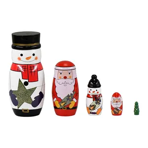 Hand-painted wooden Christmas nesting dolls featuring snowman and Santa Claus characters