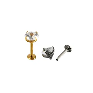 G23 titanium labret stud with sparkling zircon, flat back internal thread piercing jewelry