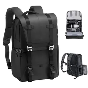 Multi-angle views of a professional large capacity camera backpack with internal compartments