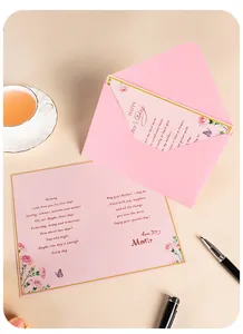 Detailed view of Mother's Day card with English greetings and pink floral design.