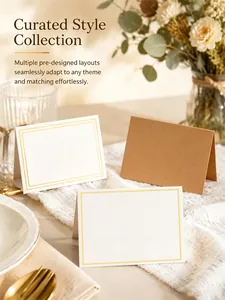 Close-up of elegant gold foiled and kraft wedding place cards on a dinner table