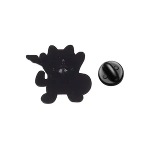 Detailed back view of a cartoon black cat enamel pin with a black rubber clutch